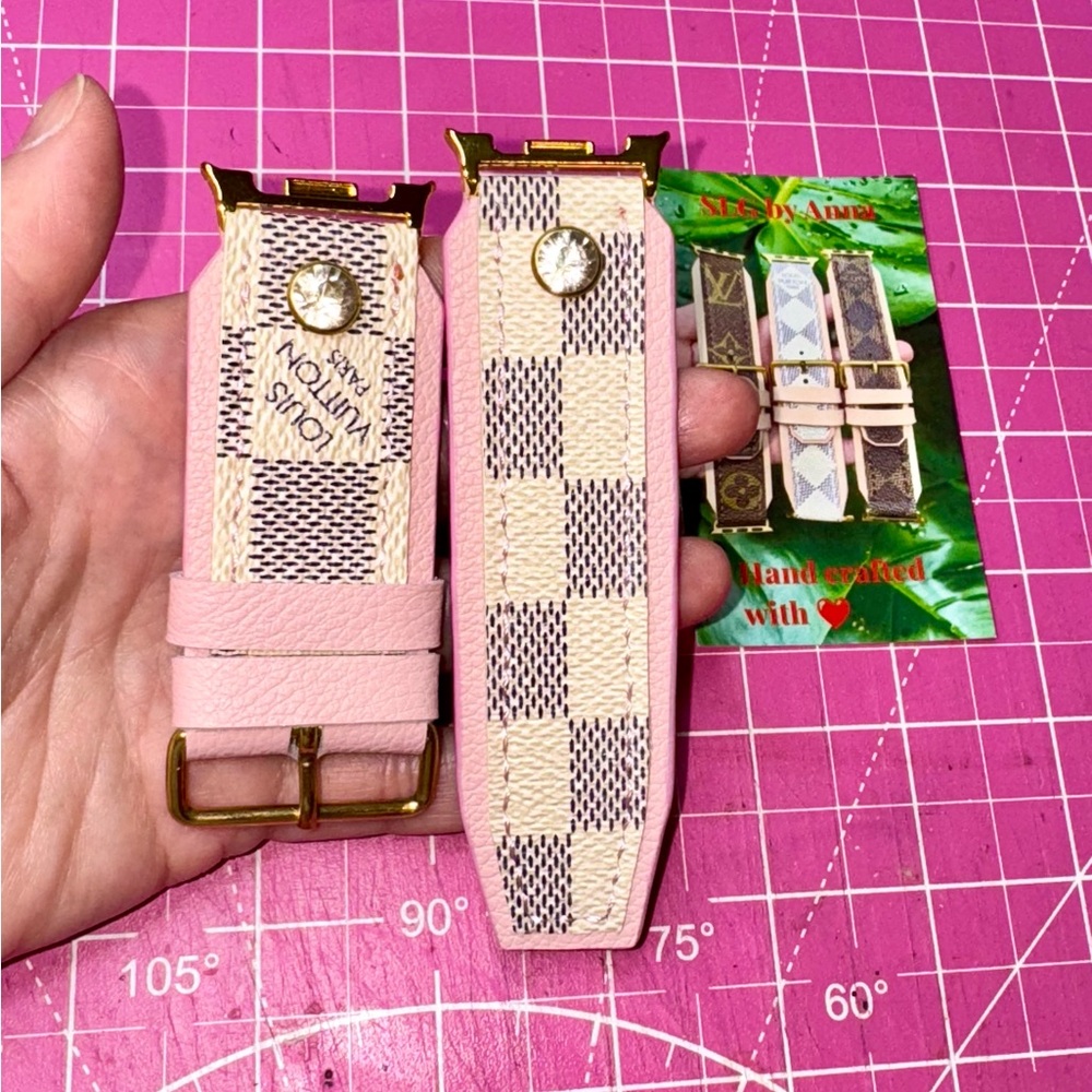 💓 Custom Damier Azure Rose blossom Pink Checkered Smart Watch Strap